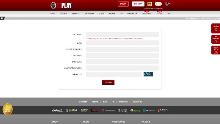 Signing up for an account at the 12Play casino
