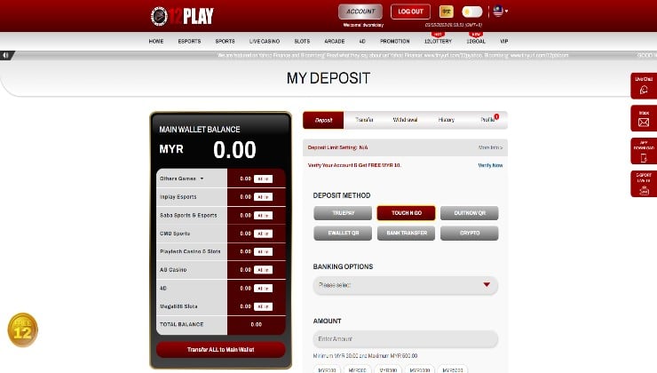 Choosing to deposit through Touch’n Go at 12Play