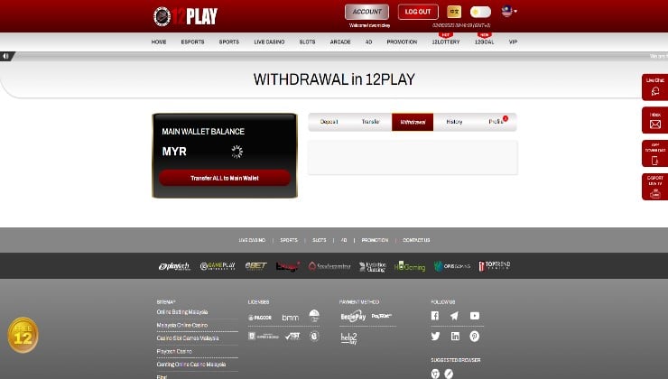 Visiting the Withdrawal section of the 12Play casino