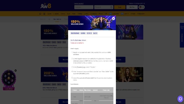 The 150% welcome bonus for sports and casino gamers at AW8