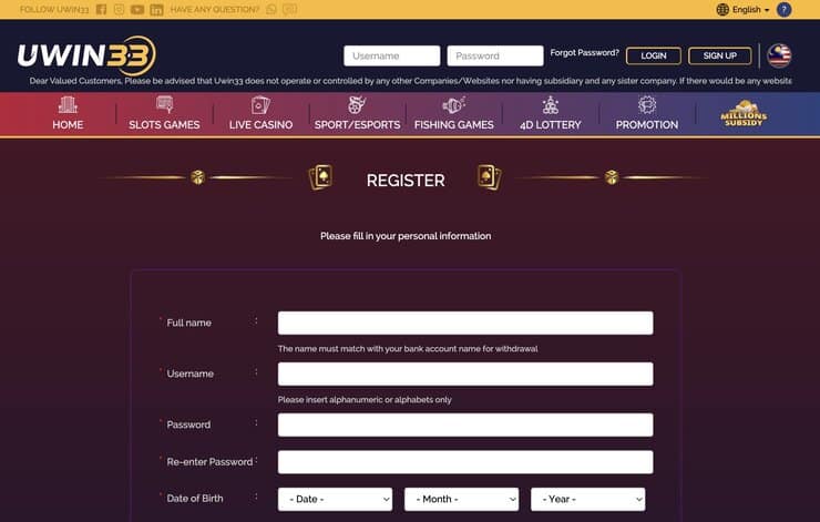 Uwin33 Malaysia Registration Form
