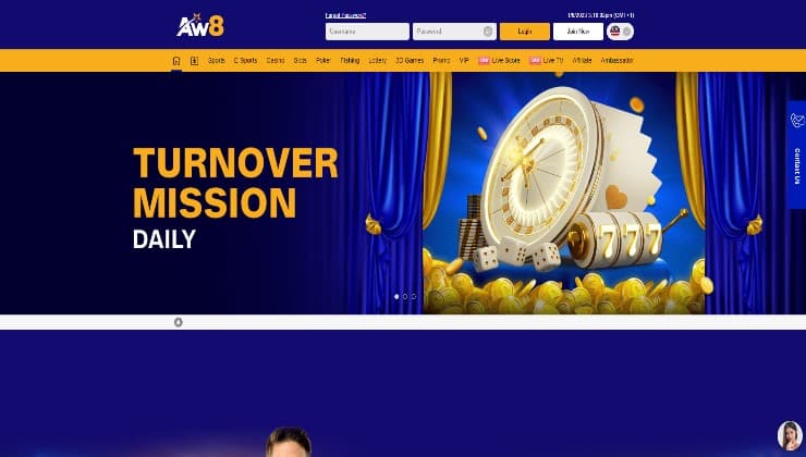 The homepage of the AW8 gambling platform