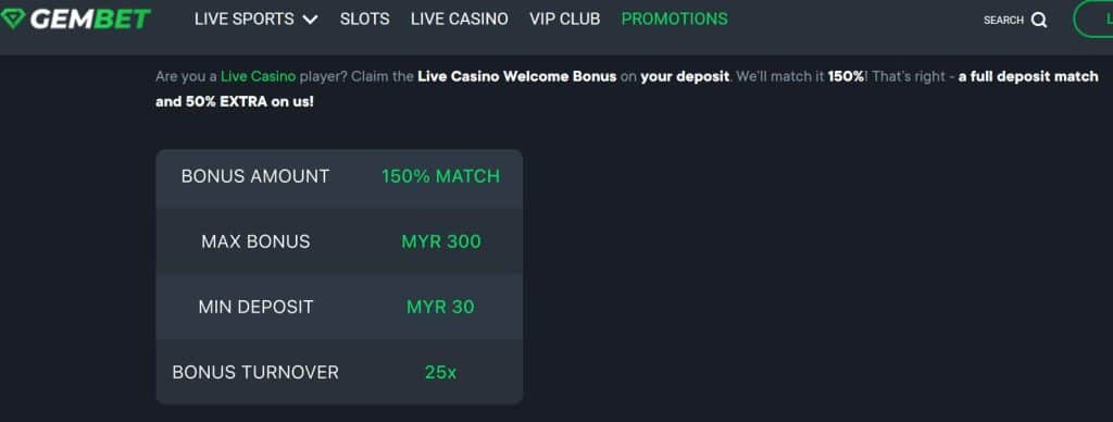 GemBet Live Casino Welcome Bonus