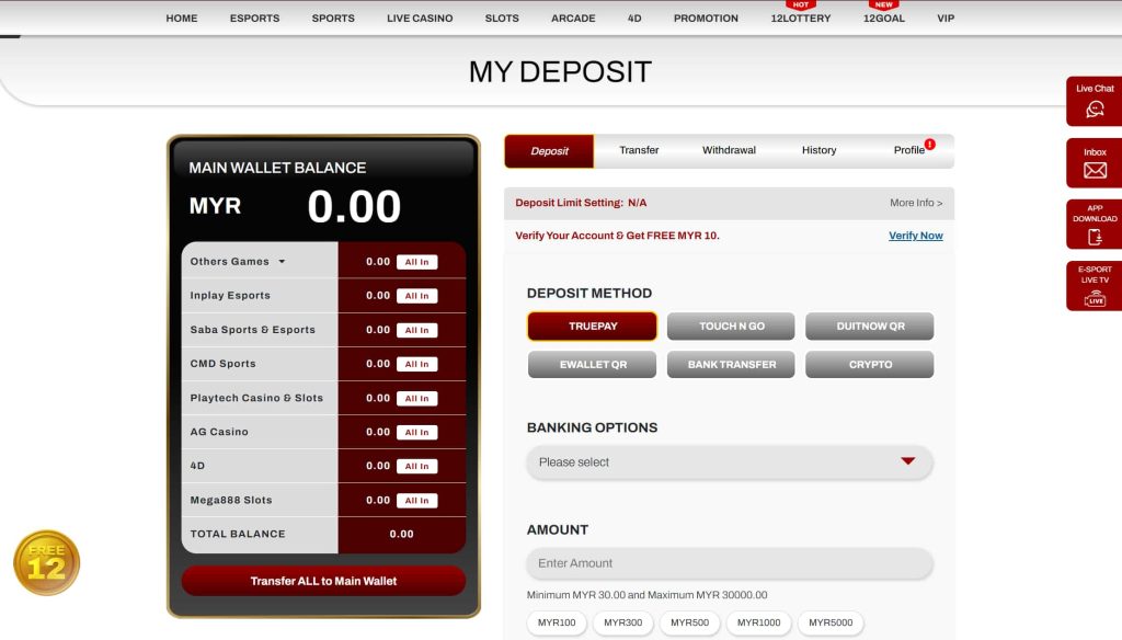 12play mahjong deposit screen