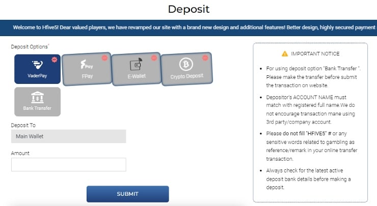 HFive5 Malaysia Deposit