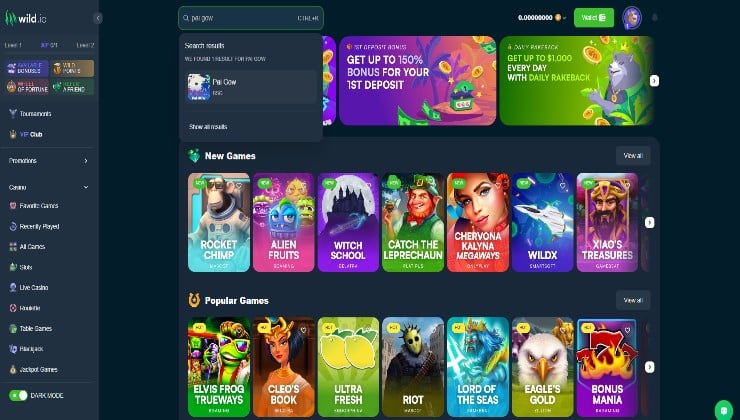 Searching for the Pai Gow game at Wild.io casino