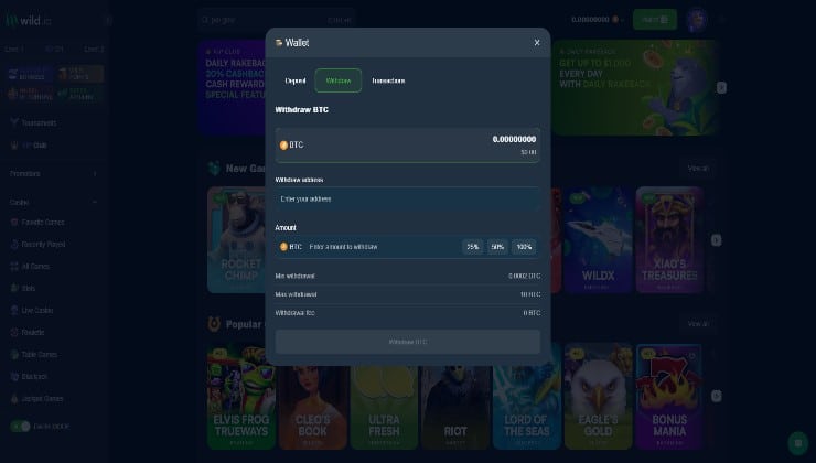 Requesting a Bitcoin withdrawal at Wild.io