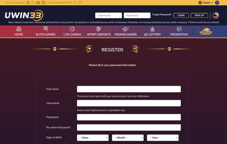 Uwin33 Malaysia Registration Form
