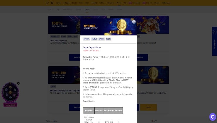 The crypto deposit bonus available at the site