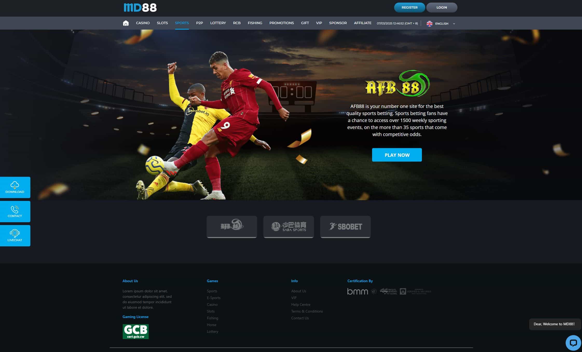 MD88 sportsbook home page